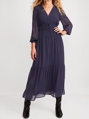 Waist-Defined Smocked Chiffon Tie-Front Maxi Dress w/Long Sleeves Volcanic Glass